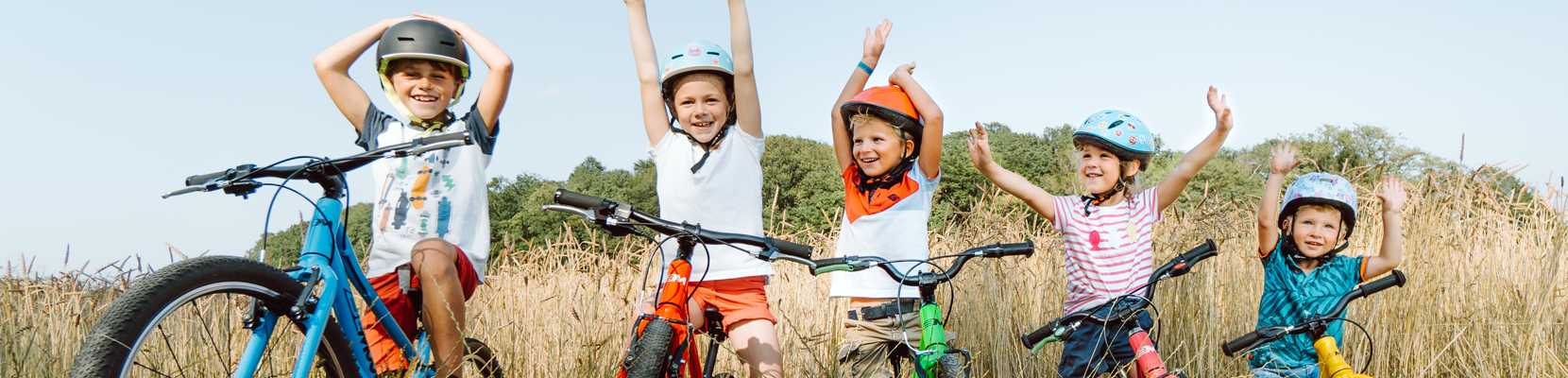 fröhliche Kinder auf bunten Fahrrädern vor Kornfeld